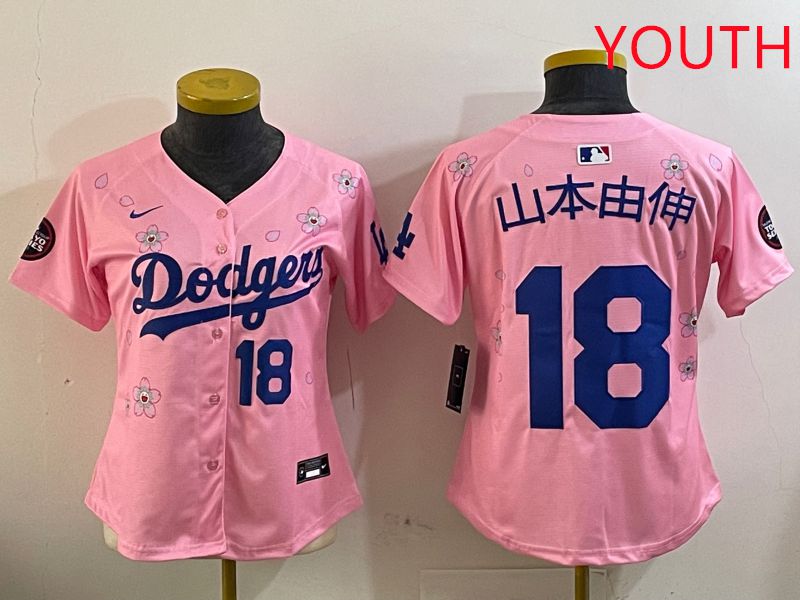 Youth Los Angeles Dodgers #18 Yamamoto Pink Sakura Edition 2025 Nike MLB Jersey style 6->youth mlb jersey->Youth Jersey